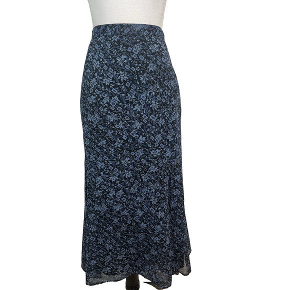 JM Collection Skirt size 16 Blue Black Floral Long A Line Sheer Modest Career - Picture 1 of 10